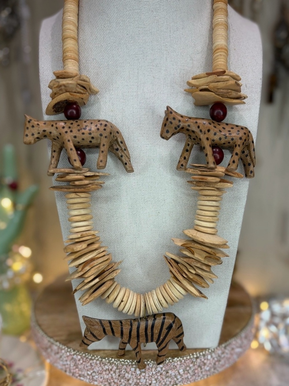 Vintage Wooden Animal Necklace Carved Wood Zebra Leopard Cheetah Chunky